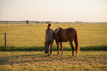 achterkant van een dame die met haar paard bezig is op het platte land