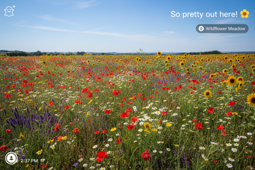 maak een foto van een bloemenveld. doe alsof het vanaf een iphone is gemaakt. laat het op een snap lijken